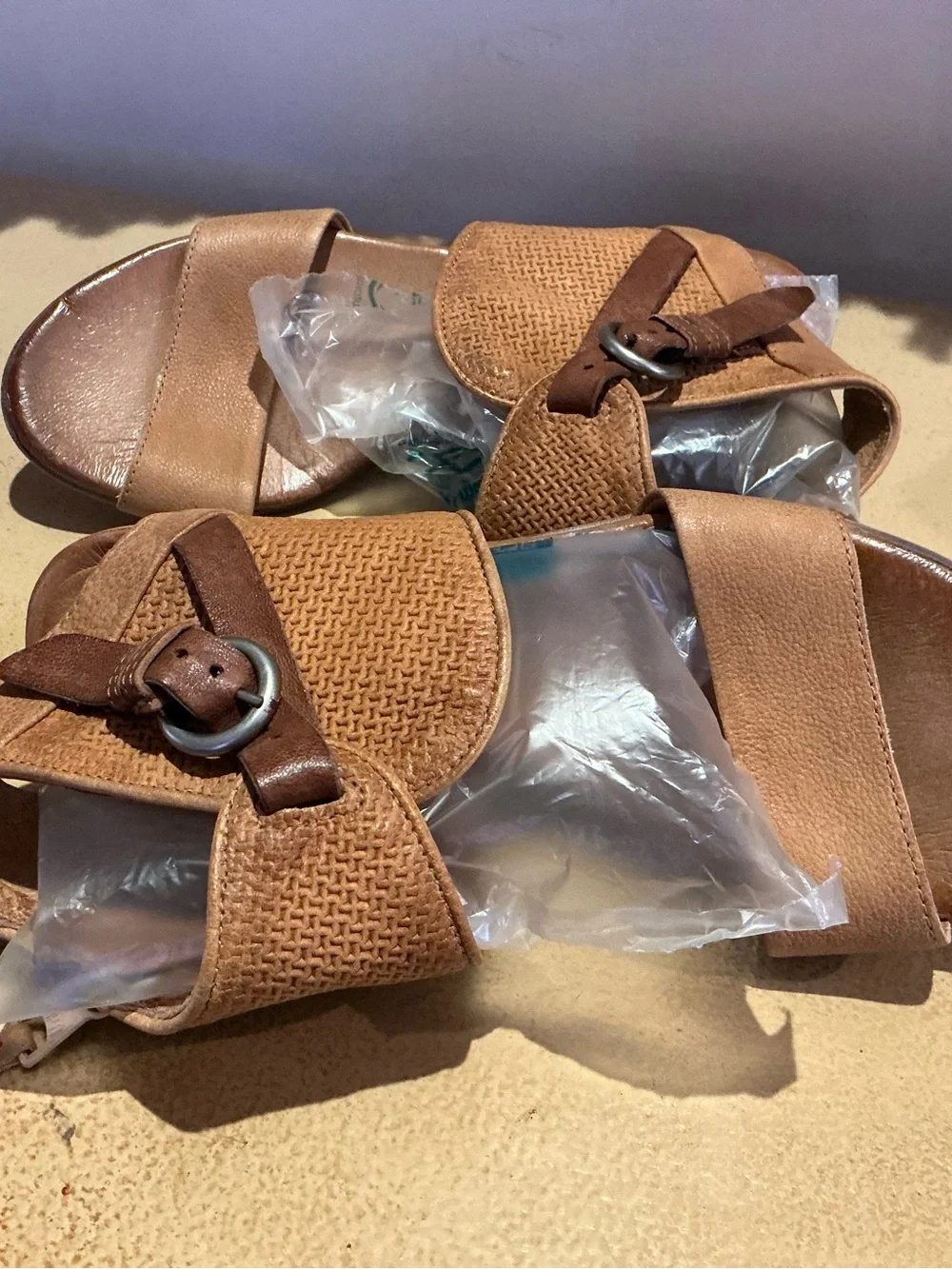 Miz Mooz Tan Woven Leather Ankle Strap Sandals